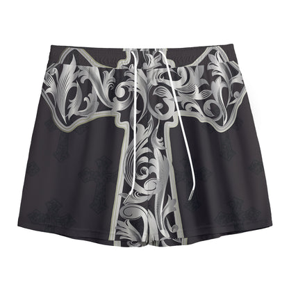 Ornamental Silver Cross Print Mesh Shorts
