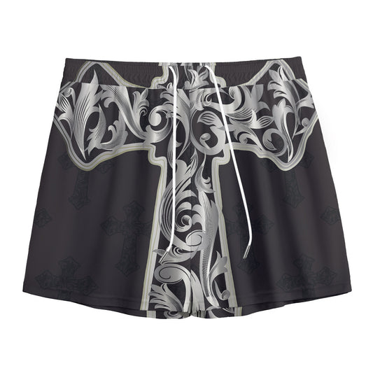 Ornamental Silver Cross Print Mesh Shorts