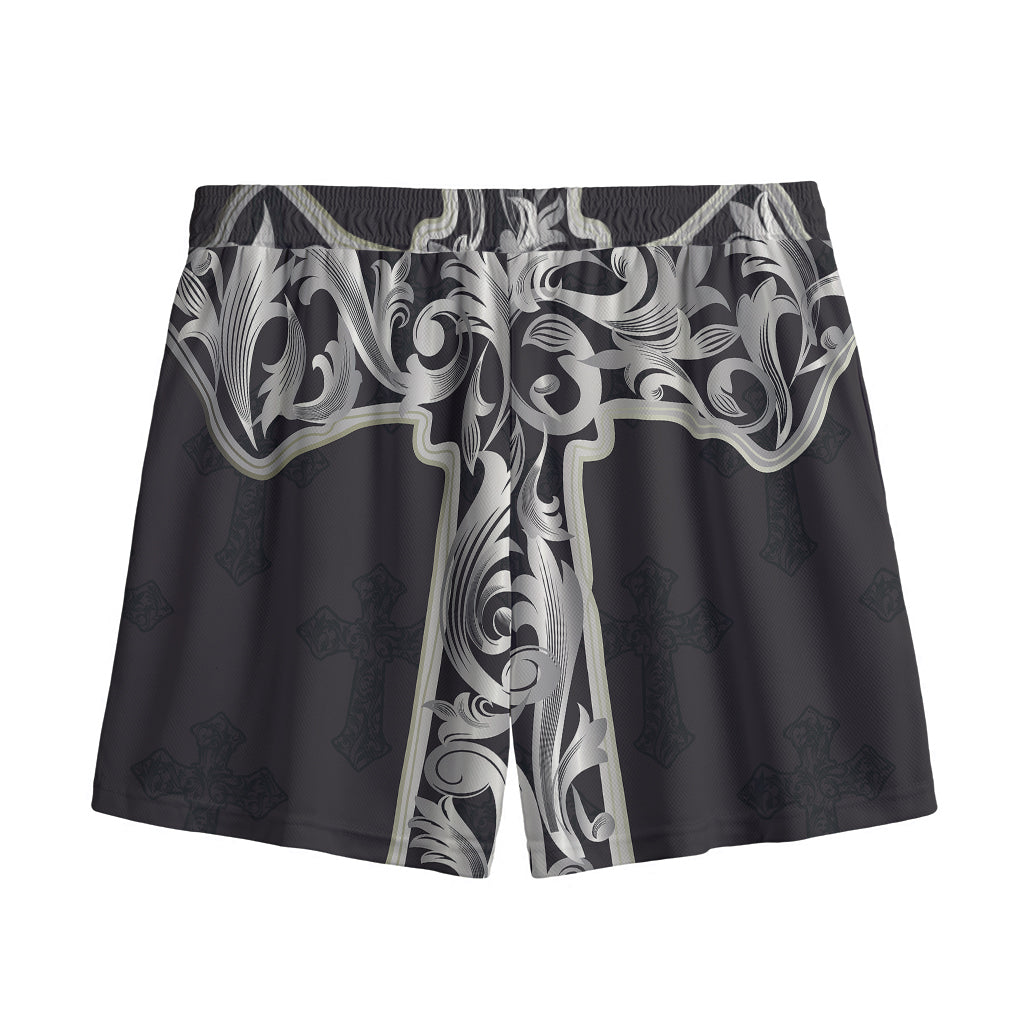 Ornamental Silver Cross Print Mesh Shorts