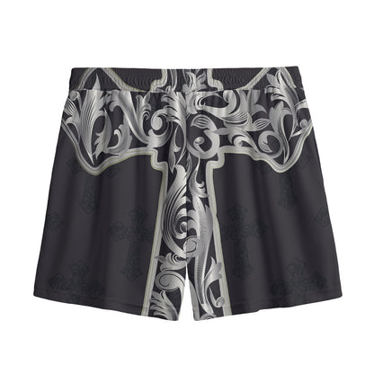 Ornamental Silver Cross Print Mesh Shorts