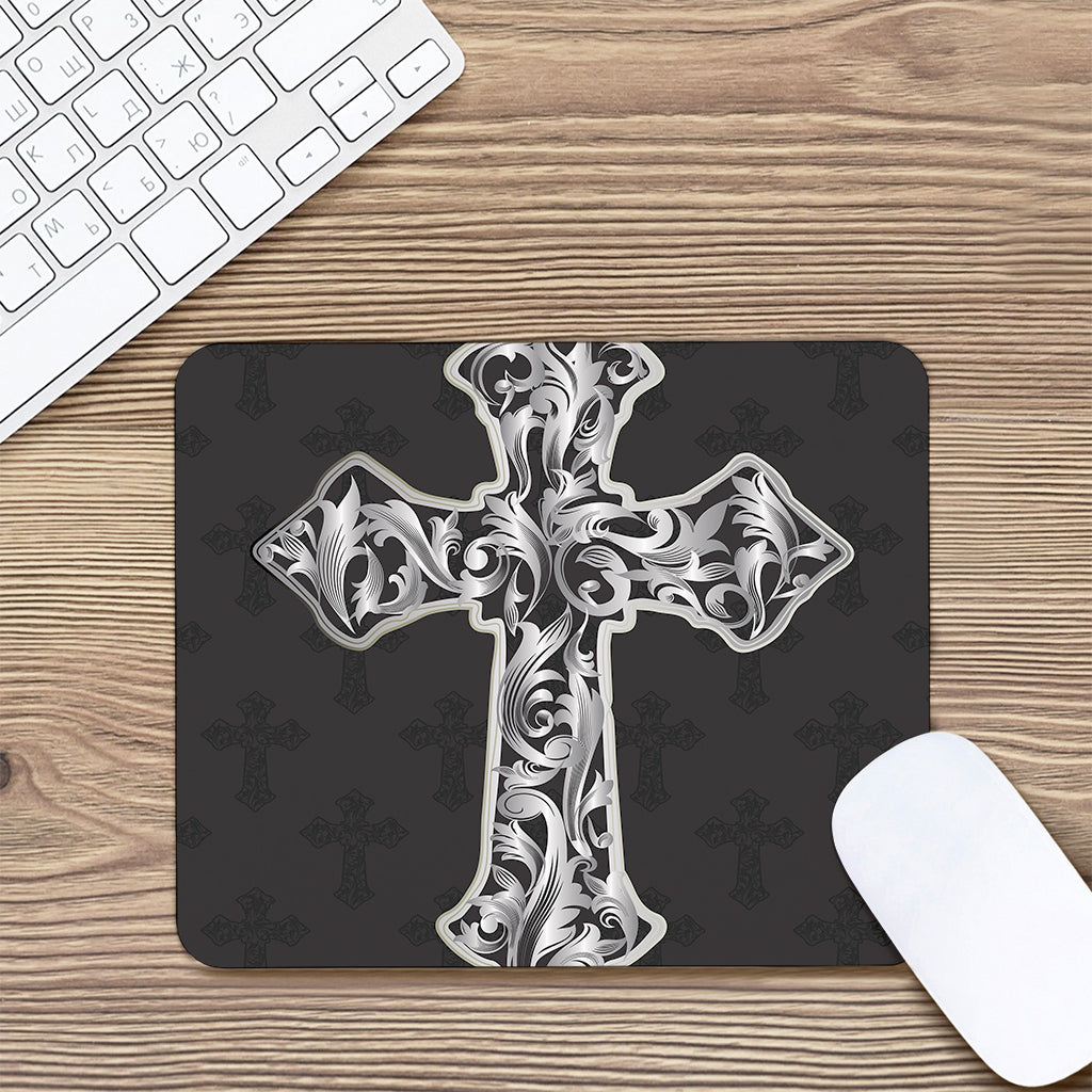 Ornamental Silver Cross Print Mouse Pad