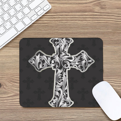 Ornamental Silver Cross Print Mouse Pad