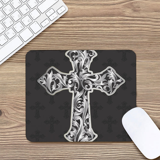 Ornamental Silver Cross Print Mouse Pad
