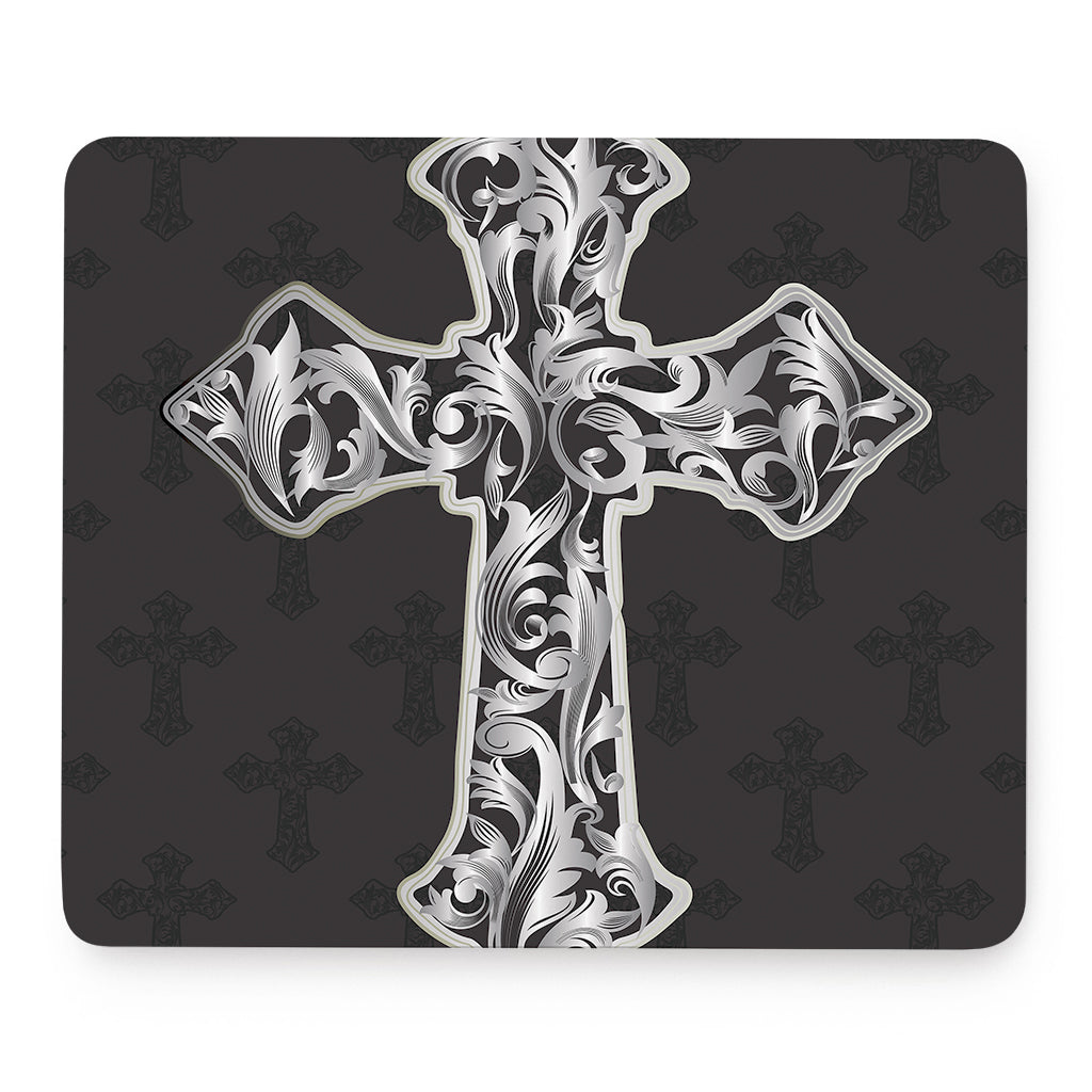 Ornamental Silver Cross Print Mouse Pad