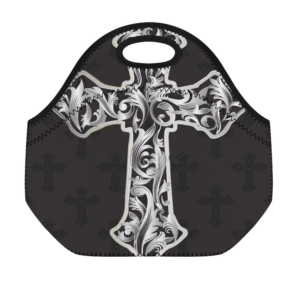 Ornamental Silver Cross Print Neoprene Lunch Bag