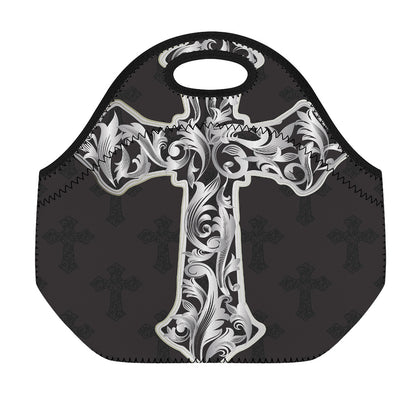 Ornamental Silver Cross Print Neoprene Lunch Bag
