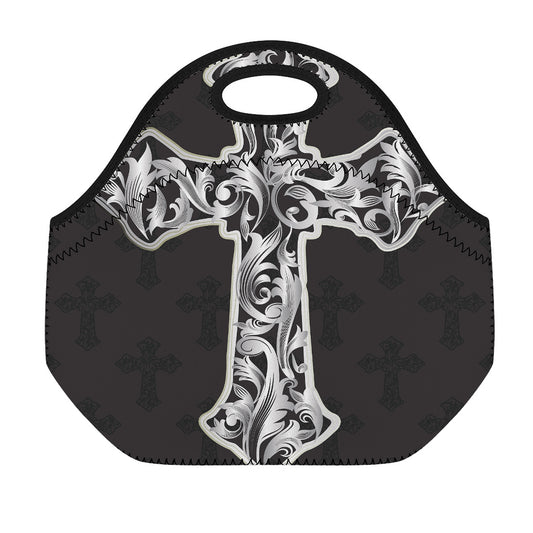 Ornamental Silver Cross Print Neoprene Lunch Bag