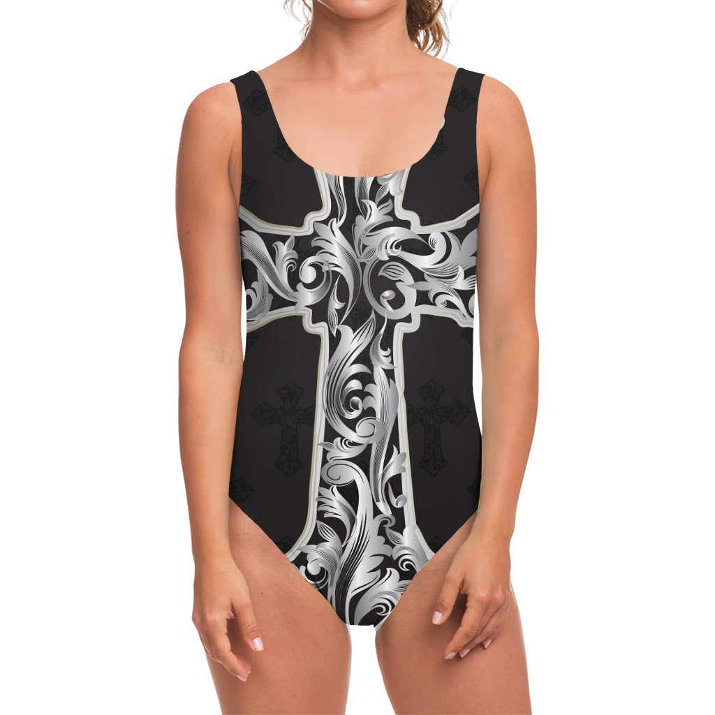 Ornamental Silver Cross Print One Piece Swimsuit