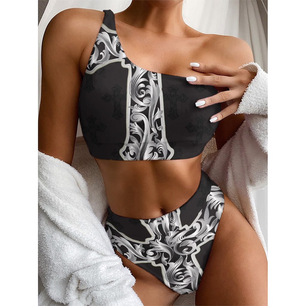 Ornamental Silver Cross Print One Shoulder Bikini Top