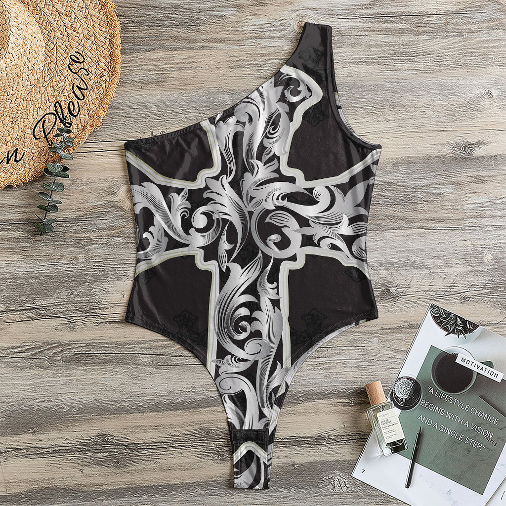 Ornamental Silver Cross Print One Shoulder Bodysuit