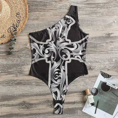 Ornamental Silver Cross Print One Shoulder Bodysuit