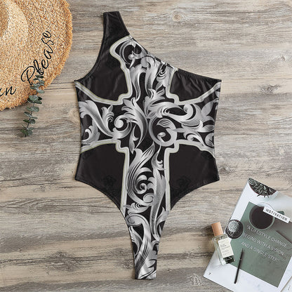 Ornamental Silver Cross Print One Shoulder Bodysuit