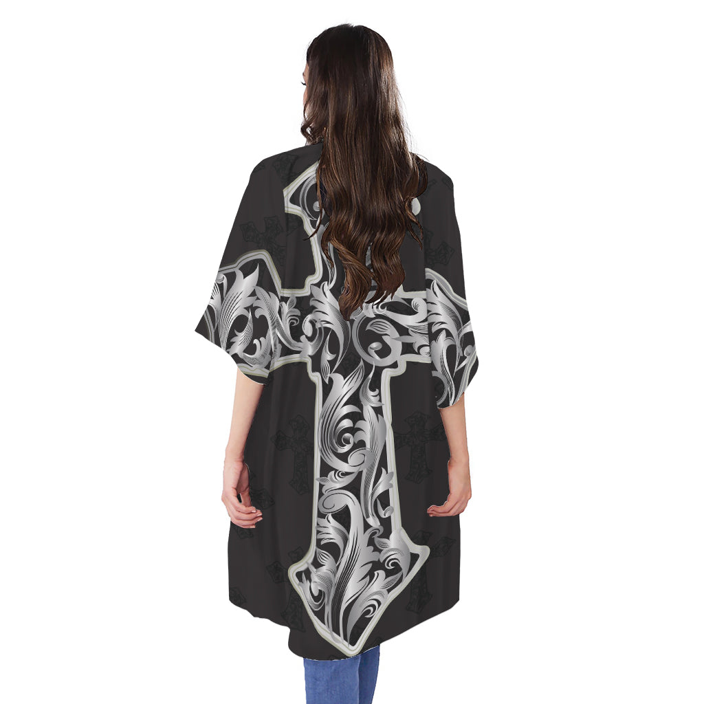 Ornamental Silver Cross Print Open Front Beach Cover Up