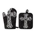 Ornamental Silver Cross Print Oven Mitt And Pot Holder Set