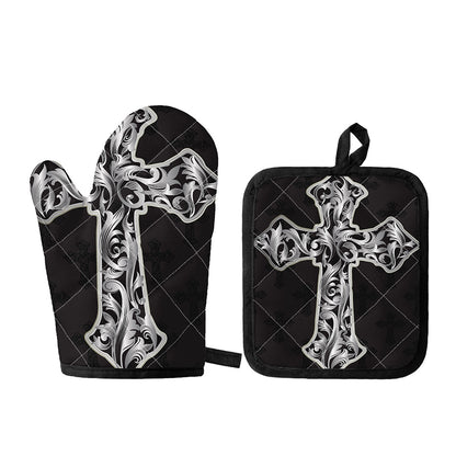 Ornamental Silver Cross Print Oven Mitt And Pot Holder Set