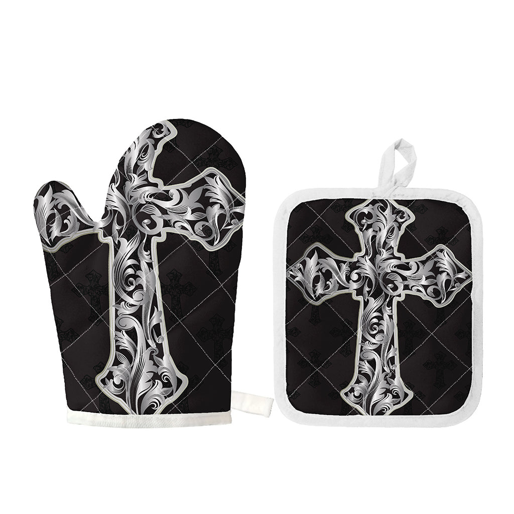 Ornamental Silver Cross Print Oven Mitt And Pot Holder Set