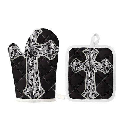 Ornamental Silver Cross Print Oven Mitt And Pot Holder Set