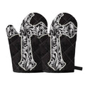 Ornamental Silver Cross Print Oven Mitts