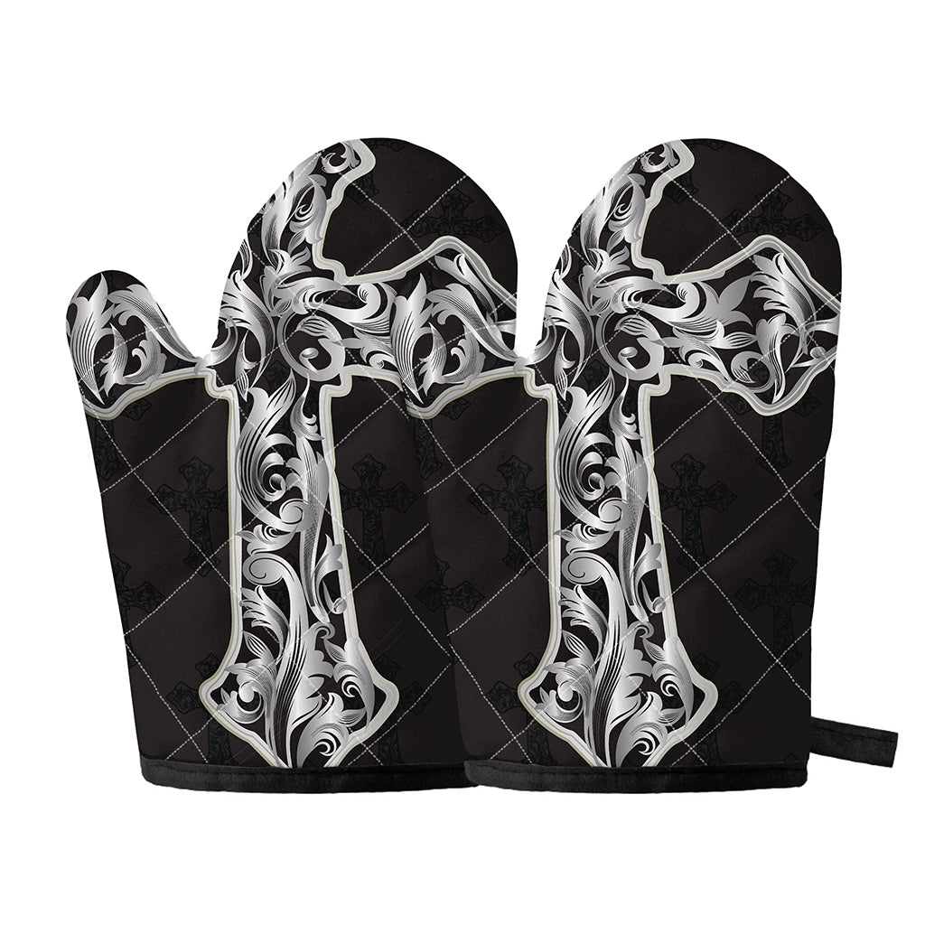 Ornamental Silver Cross Print Oven Mitts