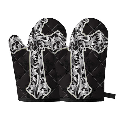 Ornamental Silver Cross Print Oven Mitts