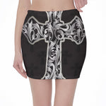Ornamental Silver Cross Print Pencil Mini Skirt