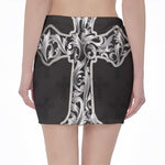 Ornamental Silver Cross Print Pencil Mini Skirt