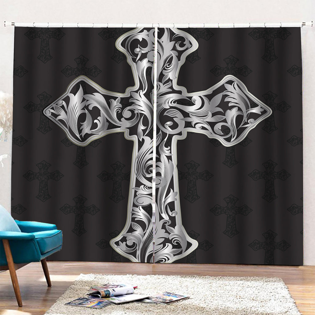 Ornamental Silver Cross Print Pencil Pleat Curtains