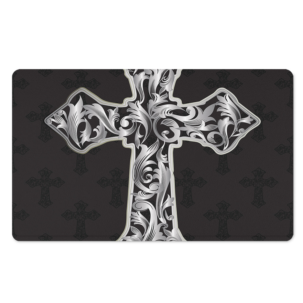 Ornamental Silver Cross Print Polyester Doormat