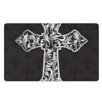 Ornamental Silver Cross Print Polyester Doormat