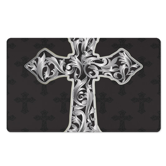 Ornamental Silver Cross Print Polyester Doormat
