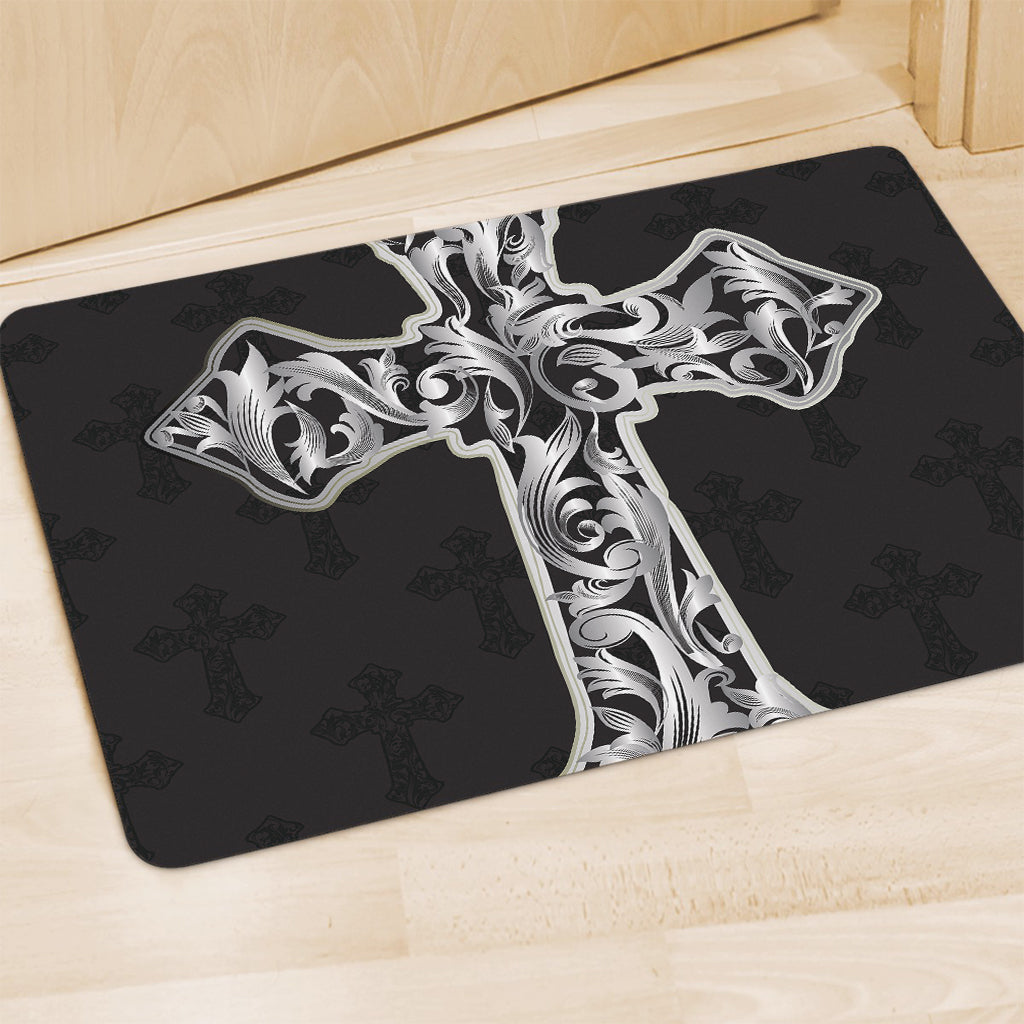 Ornamental Silver Cross Print Polyester Doormat