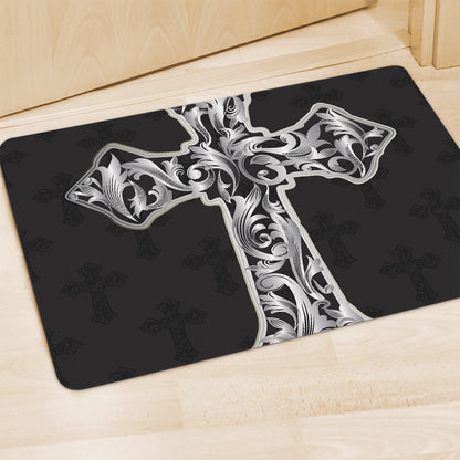 Ornamental Silver Cross Print Polyester Doormat