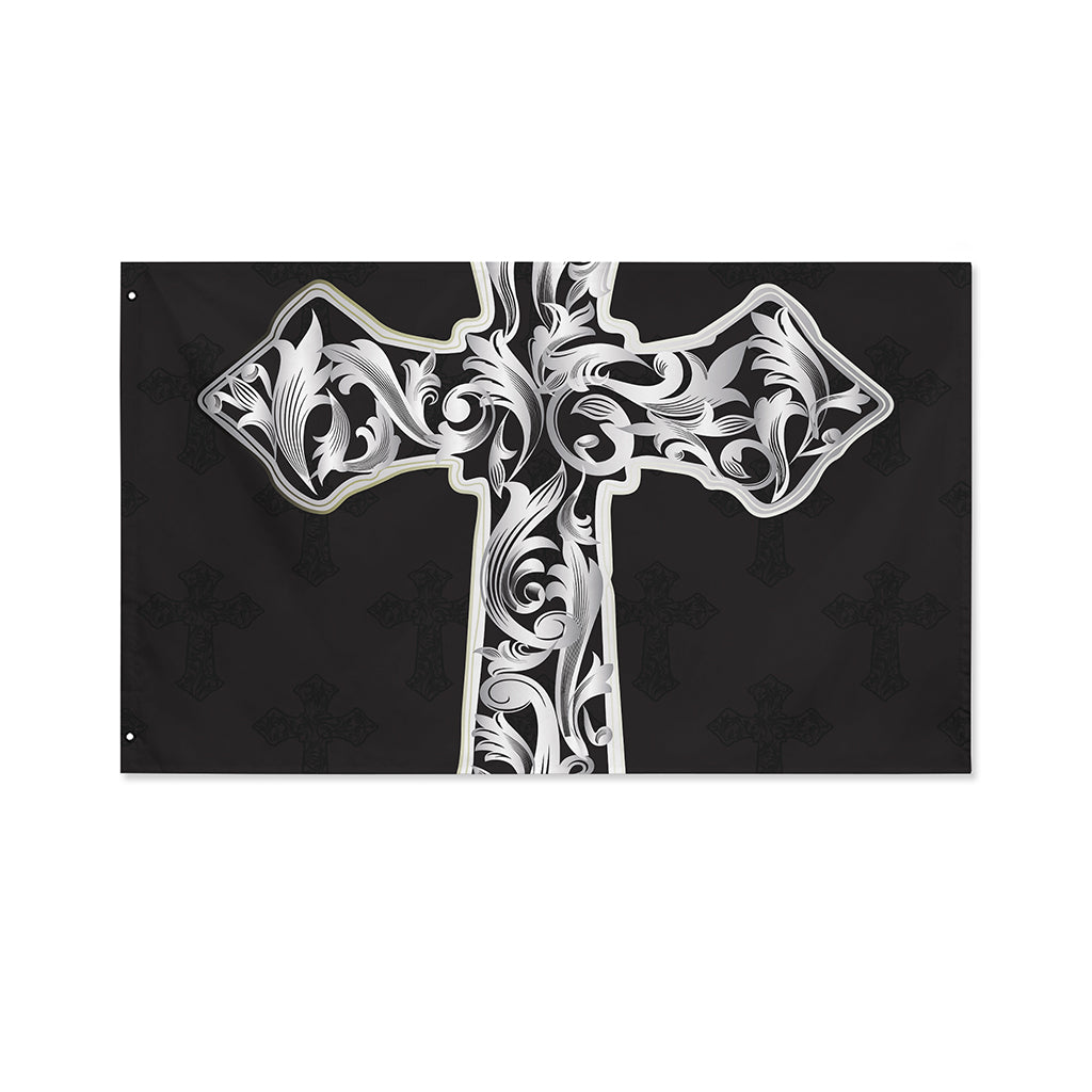 Ornamental Silver Cross Print Polyester Flag