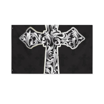 Ornamental Silver Cross Print Polyester Flag