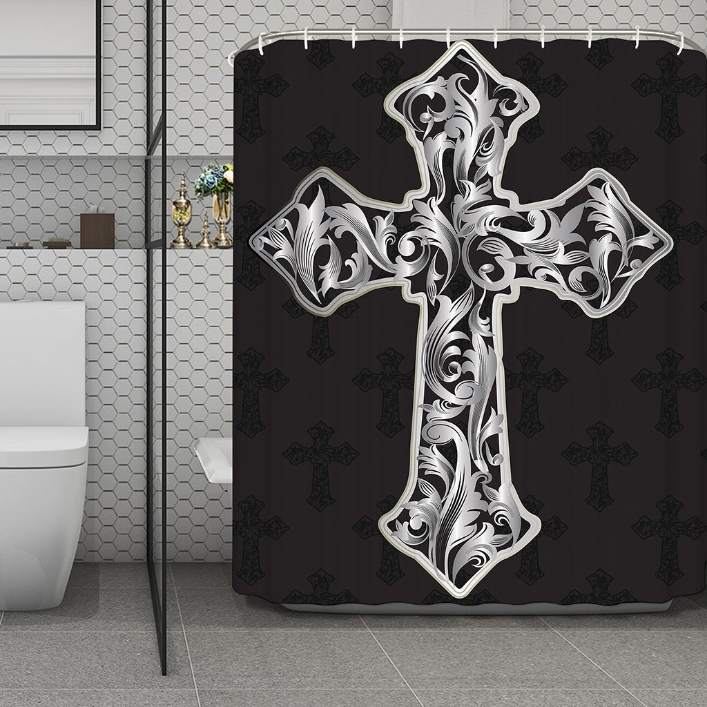 Ornamental Silver Cross Print Polyester Shower Curtain