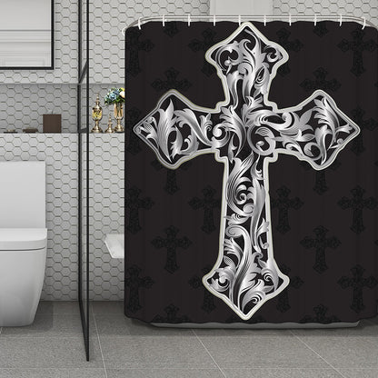 Ornamental Silver Cross Print Polyester Shower Curtain