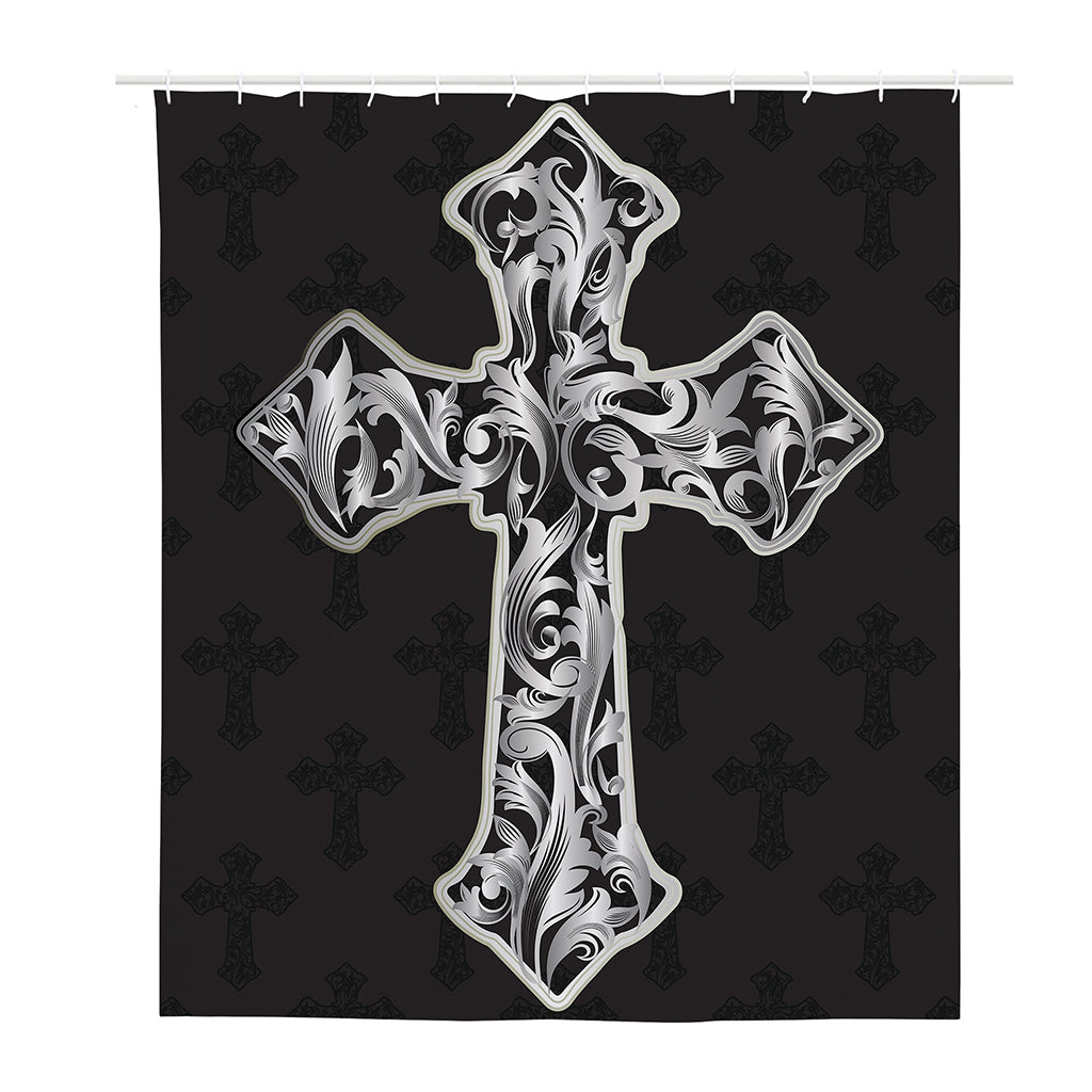 Ornamental Silver Cross Print Polyester Shower Curtain