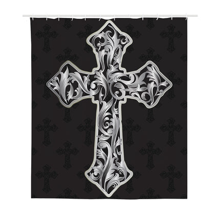 Ornamental Silver Cross Print Polyester Shower Curtain