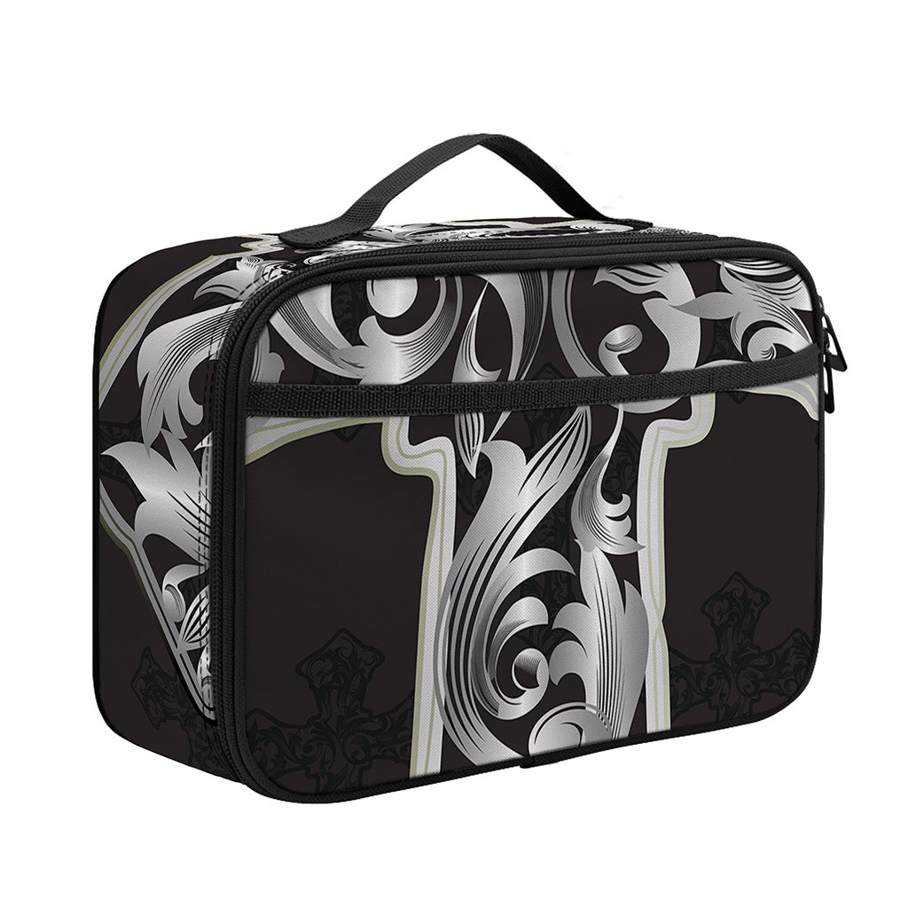 Ornamental Silver Cross Print Portable Lunch Bag