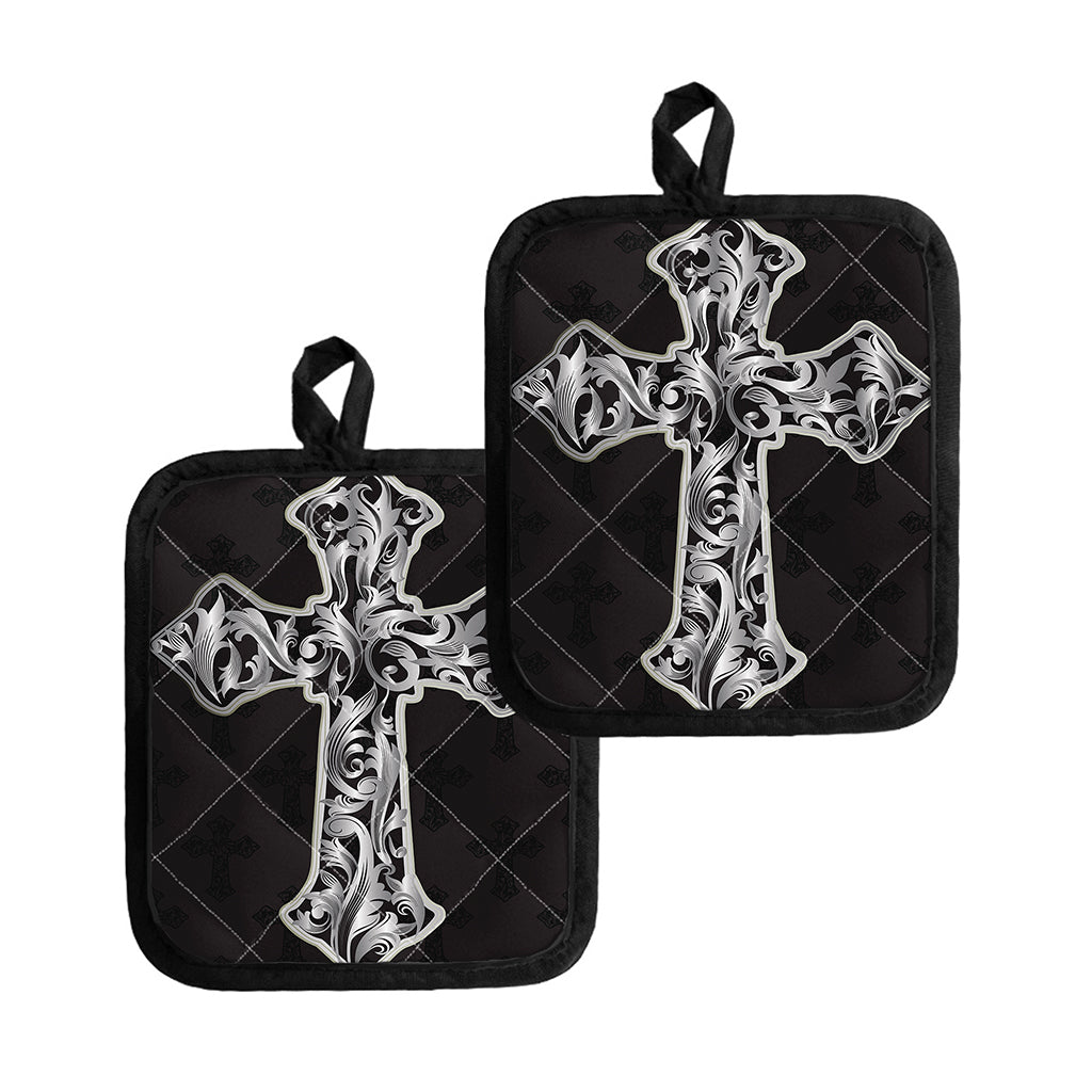 Ornamental Silver Cross Print Pot Holders