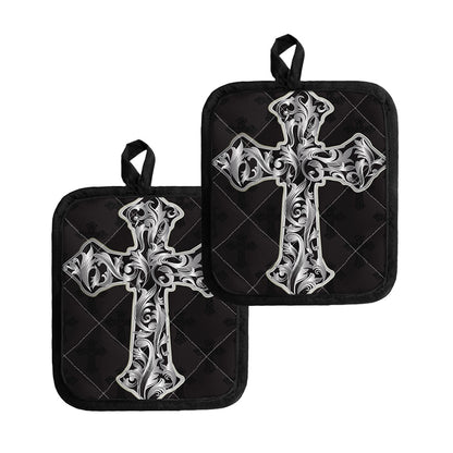 Ornamental Silver Cross Print Pot Holders