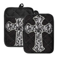 Ornamental Silver Cross Print Pot Holders With Pocket