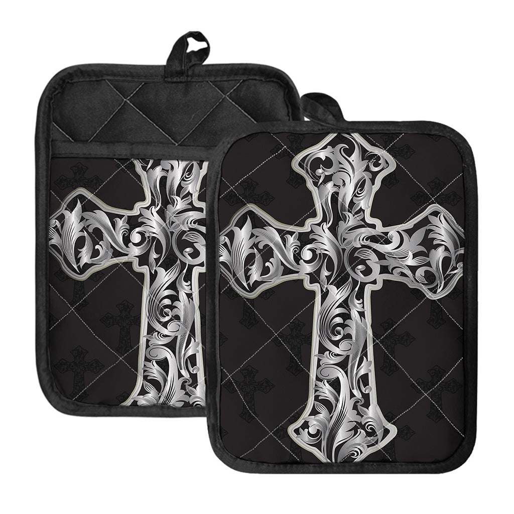 Ornamental Silver Cross Print Pot Holders With Pocket
