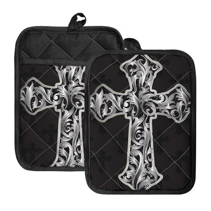 Ornamental Silver Cross Print Pot Holders With Pocket
