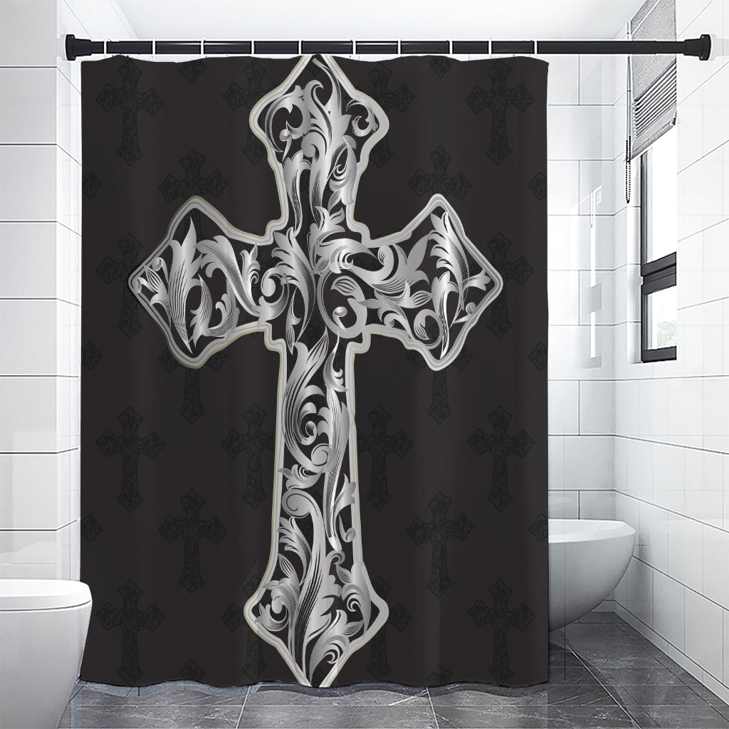 Ornamental Silver Cross Print Premium Shower Curtain