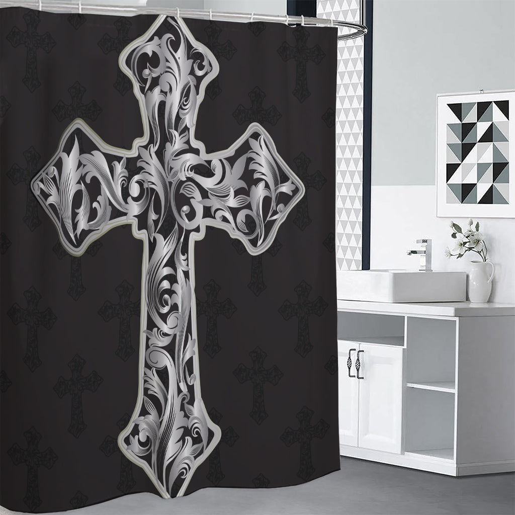 Ornamental Silver Cross Print Premium Shower Curtain