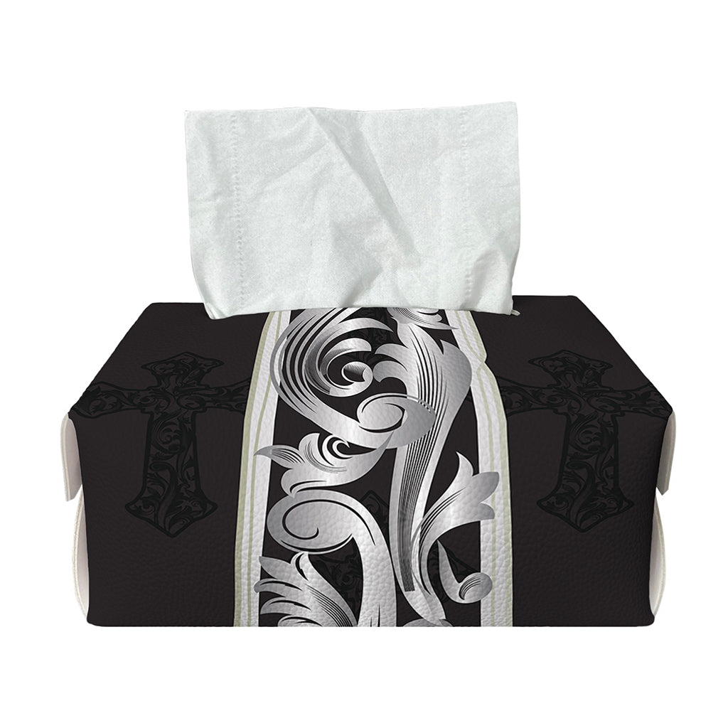 Ornamental Silver Cross Print Rectangle Tissue Box Cover