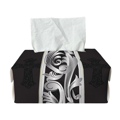 Ornamental Silver Cross Print Rectangle Tissue Box Cover