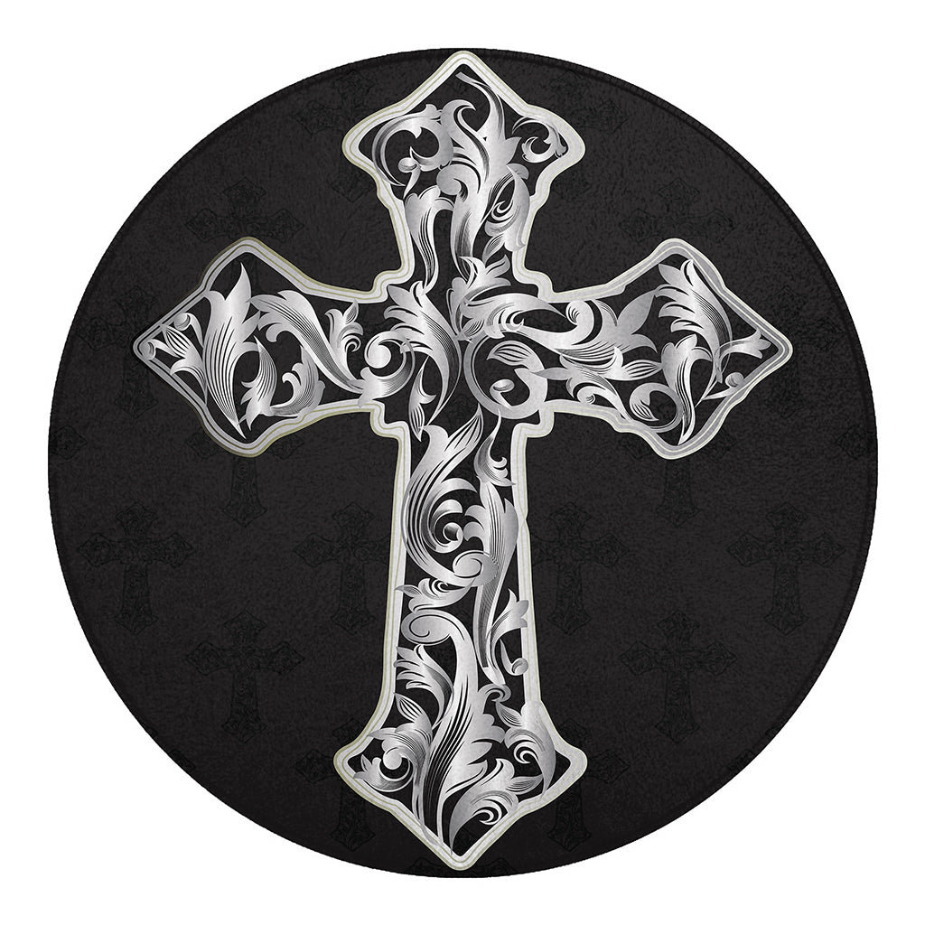 Ornamental Silver Cross Print Round Blanket