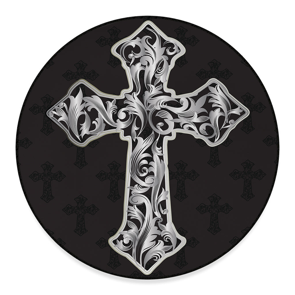Ornamental Silver Cross Print Round Floor Mat
